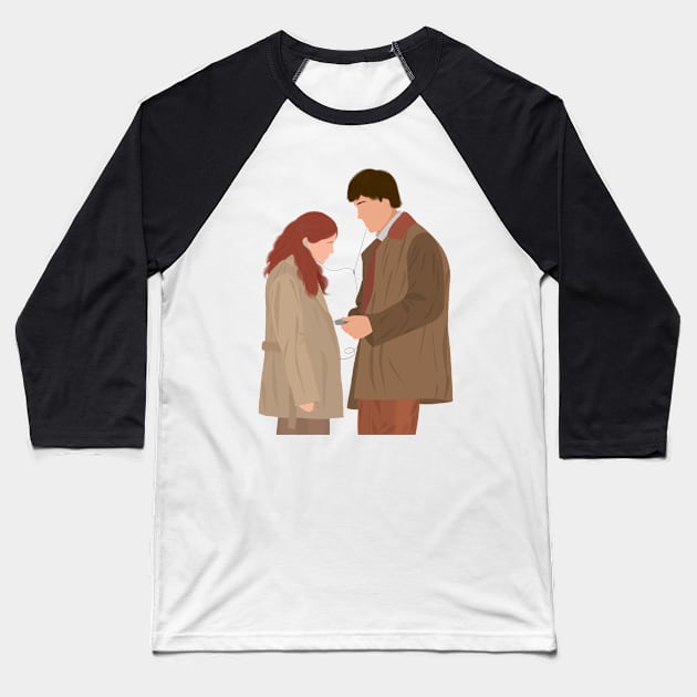 Office Jim and Pam Listening Music Song Headphones Fan Art Baseball T-Shirt by senaeksi